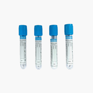 Tubo recolector de sangre. Tapa celeste con citrato de sodio 3,2%
