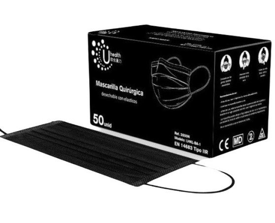 MASCARILLA QUIRÚRGICA DESCARTABLE NEGRA X 50 UNIDADES - Imagen 2